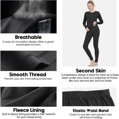 Vista 5 de Conjunto de ropa interior térmica para mujer, capa base deportiva, para invierno, cálido, largo, ropa de compresión para clima frío, para esquí