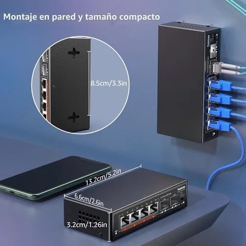 Vista 6 de Switch Ethernet no gestionado de 6 puertos 2.5G, 4 puertos Base-T de 2.5G, 2 SFP de 10G, compatible con 100/1000/2500Mbps, VLAN, sin ventilador