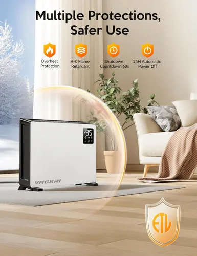 Vista 6 de VAGKRI Calentador Eléctrico de Espacio Silencioso, Calentador de Pared de 1500W de Calentamiento Rápido con Control Remoto, 3 Modos de Calefacción