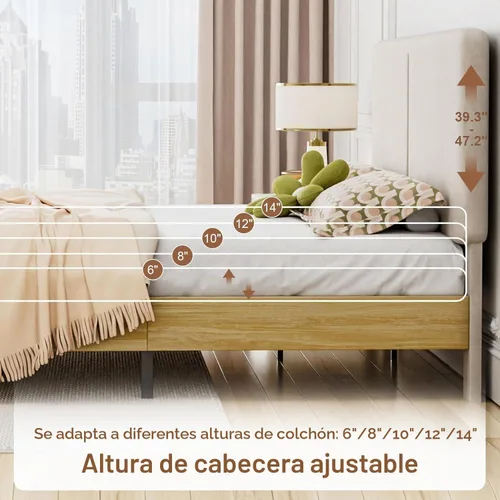 Vista 7 de VECELO Base de cama tamaño matrimonial tapizada con cabecera de algodón y lino ajustable en altura, listones de madera resistente, espacio debajo