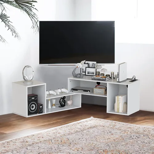 Vista 4 de DKLGG Soporte de TV LED, moderno centro de entretenimiento en forma de L con 19 modos de luz LED, almacenamiento y tomas de corriente