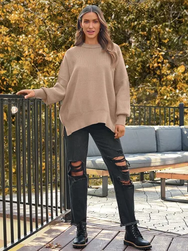 Vista 24 de Lillusory - Suéter extragrande con mangas de murciélago y cuello redondo para mujer, prenda moderna de otoño de tejido de punto sin botones