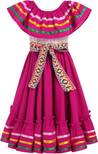 Vista 10 de IBTOM CASTLE Vestido mexicano para niñas, vestido folklórico tradicional con cinturón Rojo