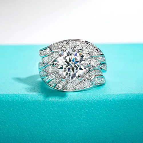 Vista 2 de Moissanite Angel Wing Rings Eternity Ring Engagement Ring D Color VVS1 Sterling Silver Wedding Band Rings Feather Ring for Women with Certificate
