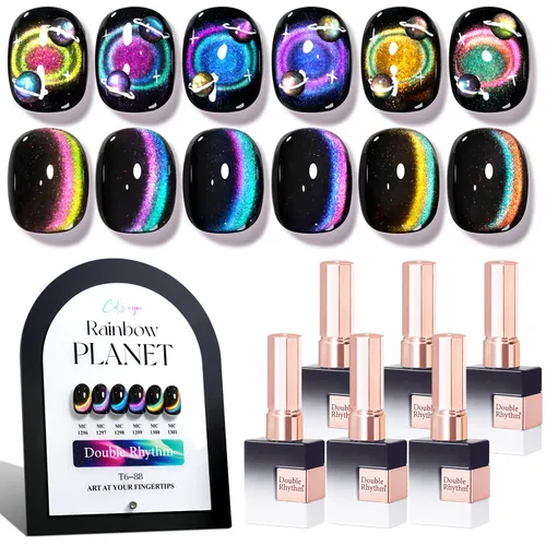 Vista 26 de Double Rhythm - Juego de esmalte de uñas de gel ojo de gato de 6 unidades, mismo color, misma botella, 14.8 ml, brillo con glitter, con imán Aurora