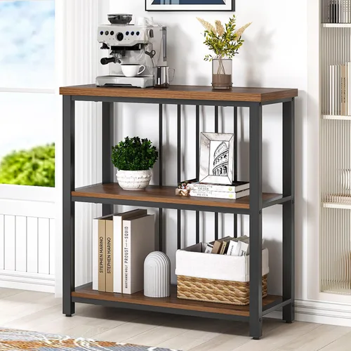 Vista 12 de FOLUBAN Estantería, Librero Moderno de 3 Niveles, Estantes de Libros de Madera y Metal para Sala de Estar, Oficina, Dormitorio, Roble Negro Rústico