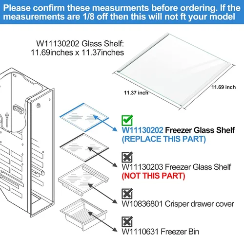 Vista 2 de [PAQUETE DE 2] Estante de Vidrio para Congelador W11130202 MEJORADO Compatible con Refrigerador Whirlpool Repuesto de Estante para Congelador Partes