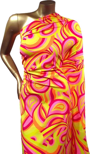 Vista 3 de Tela de spandex de nailon elástico pesado con patrón retro psicodélico colorido por yarda (naranja/amarillo)