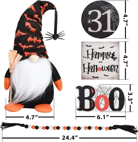 Vista 2 de Ochine Decoración de bandeja escalonada de Halloween, decoraciones de Halloween, letreros de madera de Feliz Halloween, lindos gnomos de felpa