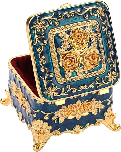 Vista 5 de Hipiwe Caja de Joyería de Metal Vintage - Pequeño Organizador de Baratijas Caja para Anillos con Patrón de Rosas, Caja de Almacenamiento de Joyas