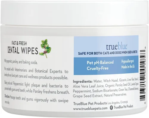 Vista 2 de TrueBlue Toallitas dentales de perejil y menta para perros rápidas y frescas, almohadillas de limpieza de dientes prehumedecidas, no tóxicas