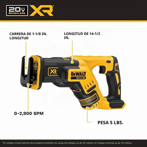 Vista 2 de DEWALT DCS367B 20V Max XR Sierra de sable compacta sin escobillas, (sólo herramienta)