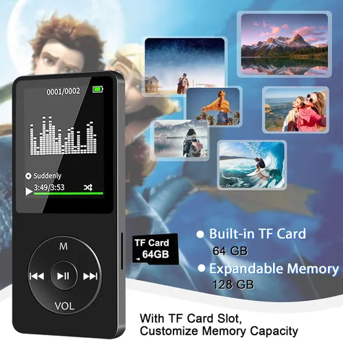 Vista 3 de Reproductor de música MP3 Bluetooth con tarjeta TF de 64 GB, mini reproductores MP3 portátiles con altavoz y auriculares, compatible con reloj