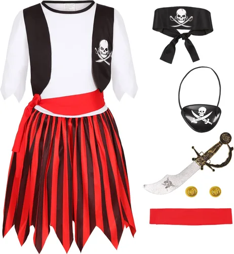 Vista 2 de KAKALVER Kids Pirate Costume for Girls Halloween Pirate Dress Up with Pirate accessories for Pirate Party Decorations Gifts