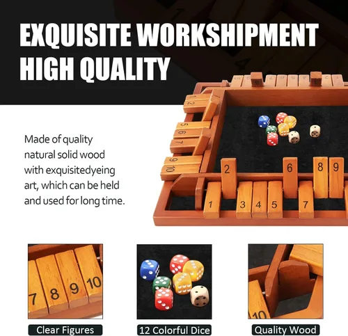 Vista 3 de TooyBing - Juego mejorado de dados Shut The Box para 1-4 jugadores, juego de mesa de madera para la familia para niños y adultos con 12 dados, juego