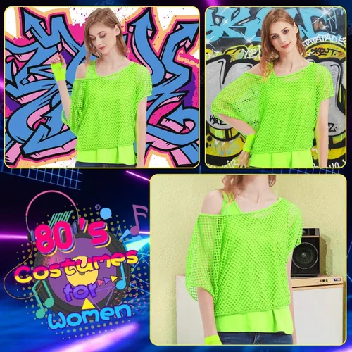 Vista 4 de WILDPARTY Camiseta casual sexy de los años 80 para mujer, diseño de red de neón con hombros descubiertos