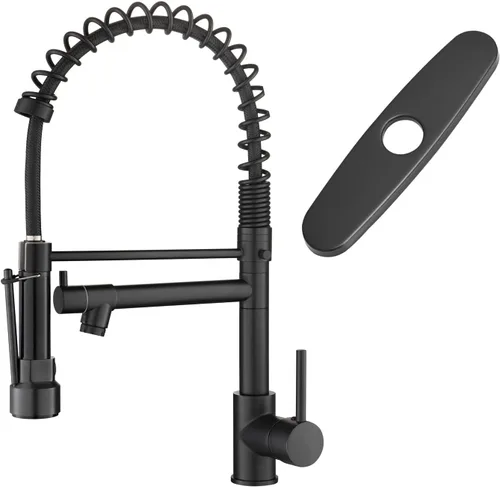 Vista 28 de AIMADI - Grifo de cocina, grifo de cocina negro y dorado con rociador, grifo de cocina estilo comercial de una sola manija, color negro mate, con un