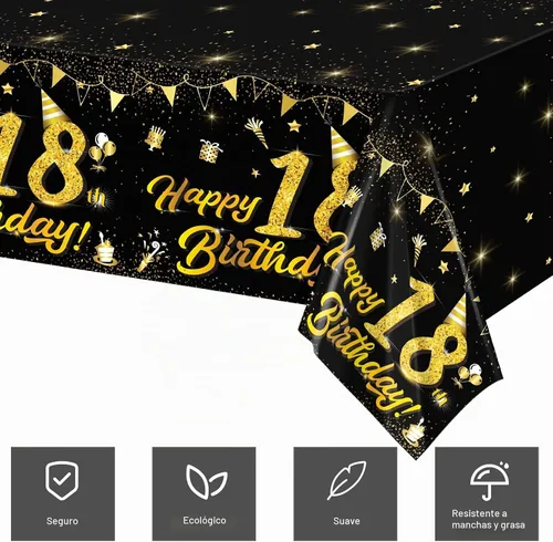 Vista 4 de durony Paquete de 2 manteles de cumpleaños de 18 años, de plástico, color negro y dorado, impermeable, rectangular, para fiestas en interiores