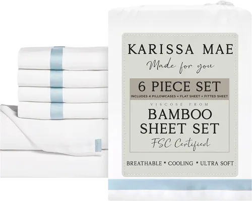 Vista 64 de KARISSA MAE Juego de sábanas de viscosa de bambú de lujo, 100% certificado FSC, refrescante, lujosamente suave, bolsillos profundos de 18 pulgadas