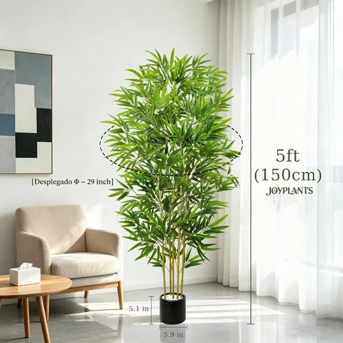 Vista 2 de Árbol artificial de bambú de 5 pies con maceta negra, plantas de bambú para exteriores e interiores, hojas falsas de aspecto natural, tallos
