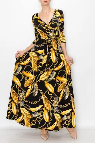 Vista 3 de MadeInUSA - Vestido largo estampado con cuello en V para mujer con mangas 34.