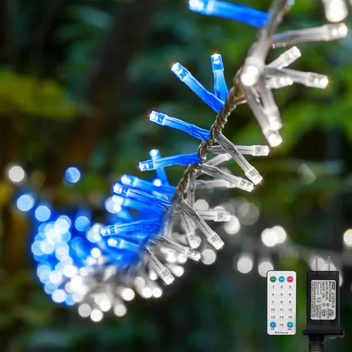 Vista 21 de LAMPHOME Luces de Navidad multicolor que funcionan con pilas, 34.1 pies, 100 luces LED impermeables de cadena para árbol de Navidad con 8 modos