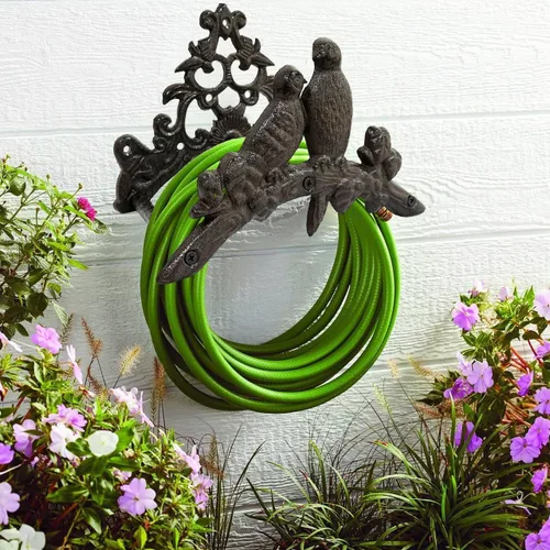 Vista 6 de Soporte para manguera de jardín de hierro fundido resistente para manguera de agua, montaje en pared exterior, estante decorativo de metal sólido
