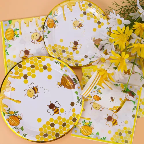 Vista 3 de Suministros de fiesta de abejas, platos y servilletas de abejas, vasos, servilletas y tenedores, decoraciones de fiesta de abejas para baby shower