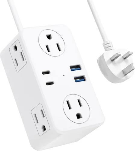 Vista 10 de Adaptador de enchufe de viaje europeo Kakyanill, adaptador de corriente para Italia, 4 tomas de CA, 3 puertos USB (2 USB C), cable de extensión