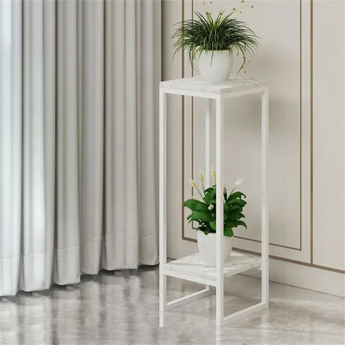 Vista 23 de Mesa cuadrada simple de madera de varios niveles con estante de almacenamiento, soporte para maceta de hierro forjado para sala de estar en Negro