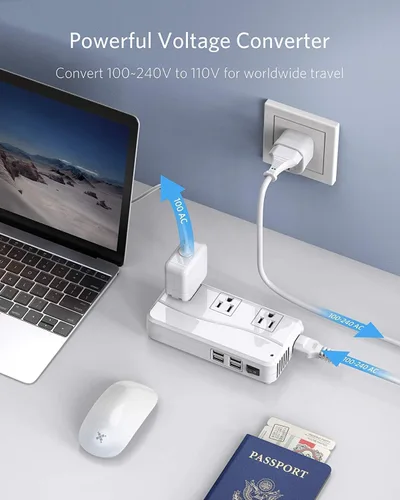 Vista 5 de BESTEK - Adaptador de viaje universal convertidor de voltaje de 100-220 V a 110 V de 250 W con carga USB de 6 A y 4 puertos, 3 tomas de CA