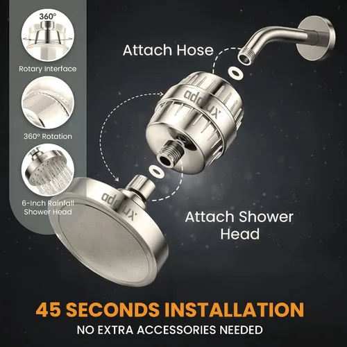 Vista 2 de Cabezal de ducha filtrado para agua dura – Lujoso filtro de ducha de alta presión de 25 etapas con cabezal de ducha de acero inoxidable real