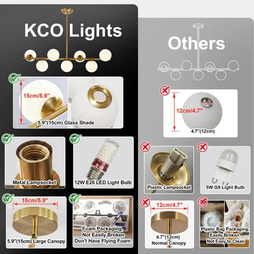 Vista 3 de KCO Iluminación Moderna Candelabro Colgante Lineal de Latón con 7 Luces de Cristal Dorado y Blanco, Iluminación Colgante Globo de Mediados de Siglo