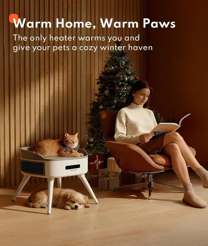 Vista 2 de HomeRunPet Calentador de espacio seguro para mascotas con cama climatizada para gatos, calentador de cerámica 2 en 1 para habitación y mascotas