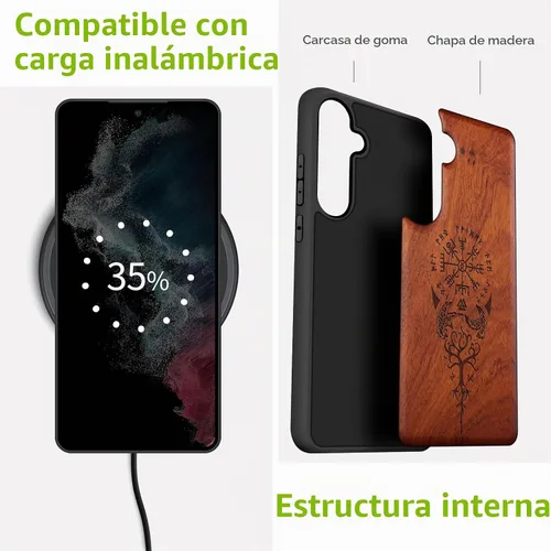 Vista 5 de Carveit Funda de madera para Galaxy S24, brújula vikinga, rosa Viking-Rosy