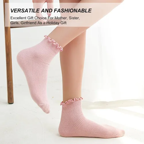 Vista 6 de UTTPLL Calcetines de cuello redondo con volantes para mujer, calcetines atléticos estéticos de lechuga para mujer, finos y encantadores calcetines