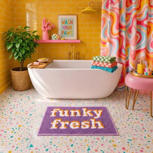 Vista 2 de Alfombras de baño retro, diversión única, alfombra de baño, alfombra de baño colorida moderna, alfombra de baño de los años 70, linda alfombra