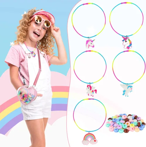 Vista 7 de FLYINGSEEDS Kit de Joyería de Unicornio, 5 Collares de Goma y Encantos con 100 Perlas de Agujeros Grandes, Juego de Artes y Manualidades, Regalos
