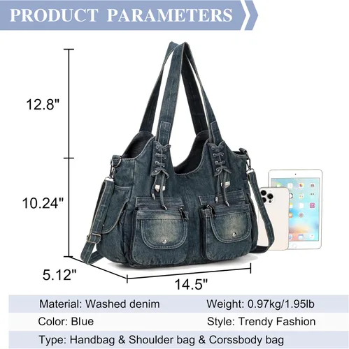 Vista 2 de Casual lavado Denim Hombro Bolsos Top Handle Señora Hobo Bolsas Mujeres Monederos y bolsos