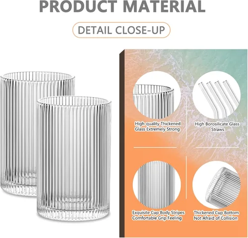 Vista 5 de INSETLAN Juego de 4 vasos de cristal acanalados de 17 onzas, vasos de cristal juego de cristalería vintage grande, vasos de cóctel estilo origami
