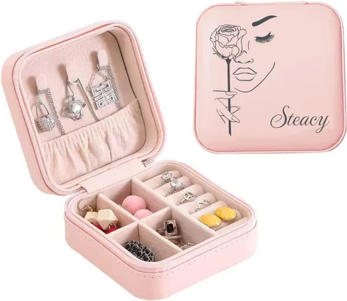 Vista 3 de Joyero personalizado con tu nombre y mes de la flor de nacimiento, organizador de joyas de cuero personalizado, estuche de viaje, regalos Negro