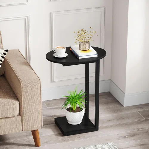 Vista 2 de Hosfais Mesa Auxiliar Pequeña, Mesa de Extremo en Forma de C, Mesa de Café de Madera para TV, Bandeja para Comer, Mesas para Sofá de Espacios Negro