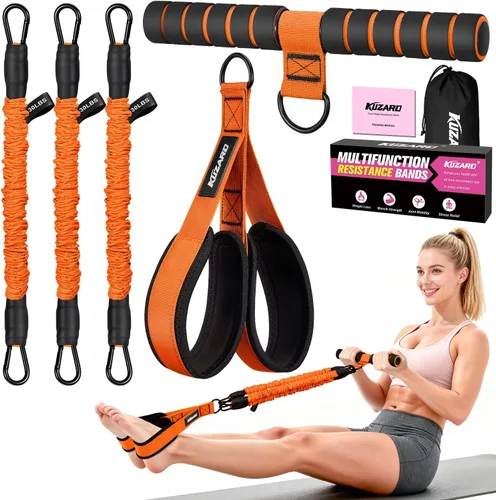 Vista 9 de Banda de resistencia de pedal multifunción mejorada con asa, 3 bandas de resistencia ajustables de tubo para abdomen, cintura, brazo, núcleo/ABS