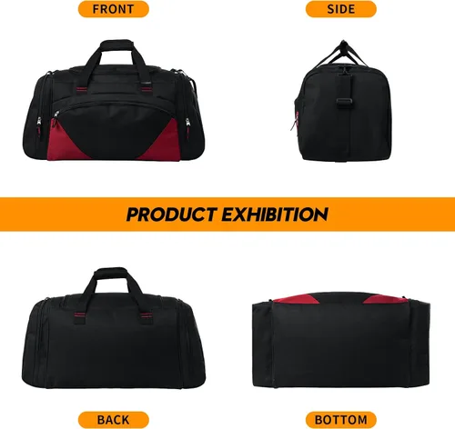 Vista 2 de Bolsa de gimnasio para hombre, 21 pulgadas, grande, para viajes y deportes, negro rojo, Bolsa de gimnasio para hombre
