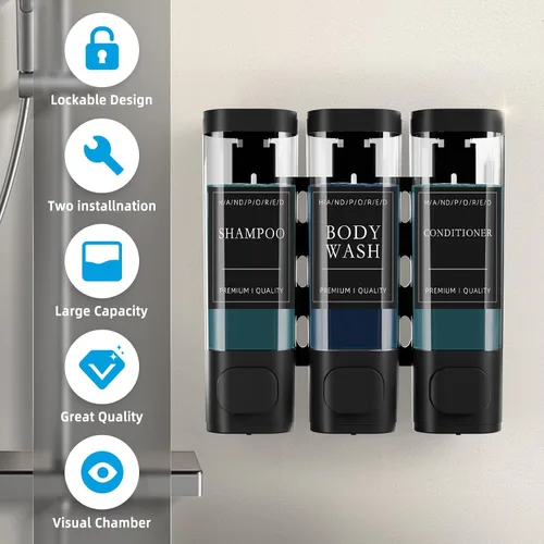 Vista 2 de Dispensador de jabón de ducha sin taladro, dispensador de champú y acondicionador montado en la pared de 3 cámaras para baño, hotel, gran capacidad