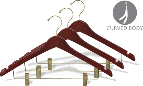 Vista 2 de Percha combinada de madera curvada con clips de cojín ajustables, caja de 50 perchas de madera de 17 pulgadas con acabado de nogal y gancho