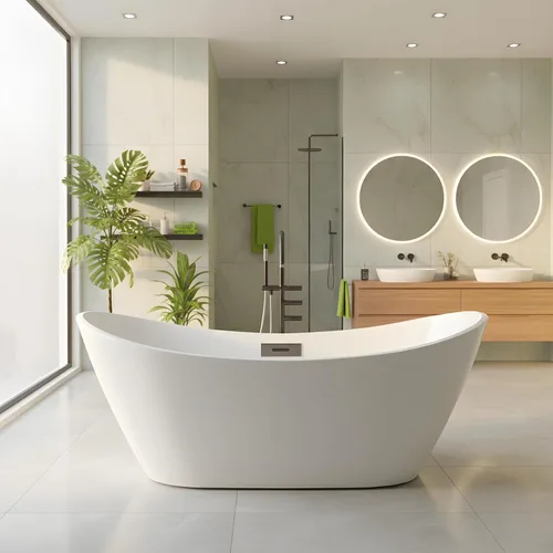 Vista 2 de 59 Inch Freestanding Bathtubs, White Acrylic Free Standing Bathtub, Modern Soaking Tub with Integrated Overflow & Chrome Drain for Bathroom Remodel
