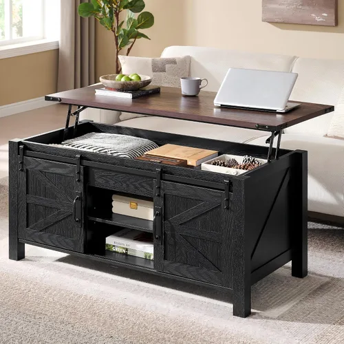 Vista 9 de OKD - Mesa de centro de granja de 48" con puerta de granero deslizante, mesa rústica con compartimento de almacenamiento oculto, superficie superior