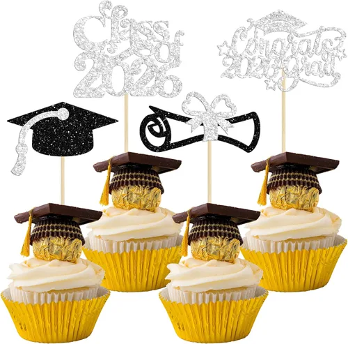 Vista 40 de Gyufise 24 piezas de decoración para cupcakes con purpurina para graduación 2026, decoración de pasteles para graduación 2026, decoración de Negro