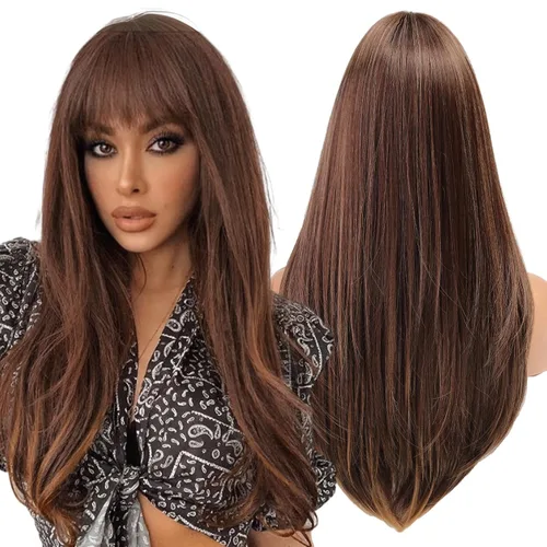 Vista 16 de Pelucas rubias cenizas para mujer, peluca larga recta en capas con flequillo, cabello sintético natural con raíces oscuras